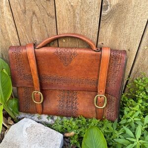 Vintage Western Floral Hand Tooled Leather Briefcase / Messenger Bag